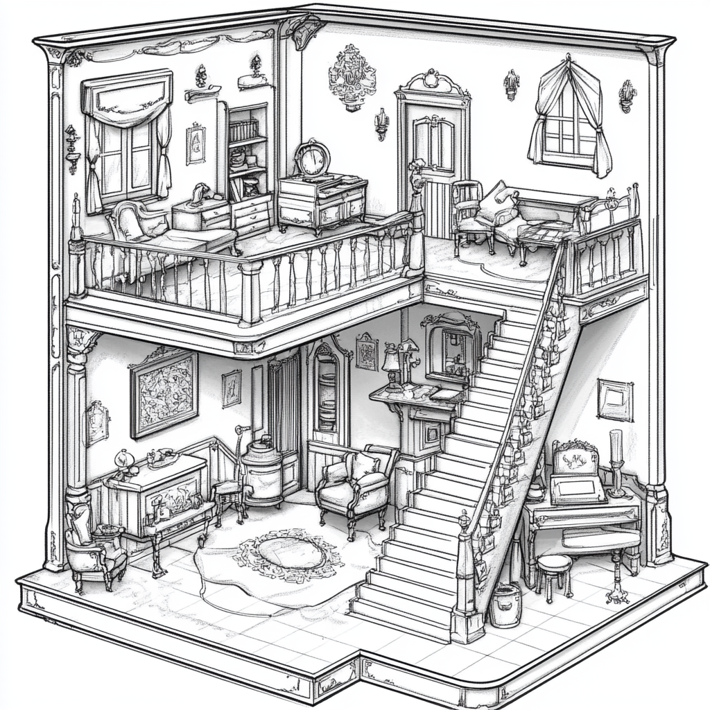 Adult dollhouse coloring book page in top right view.