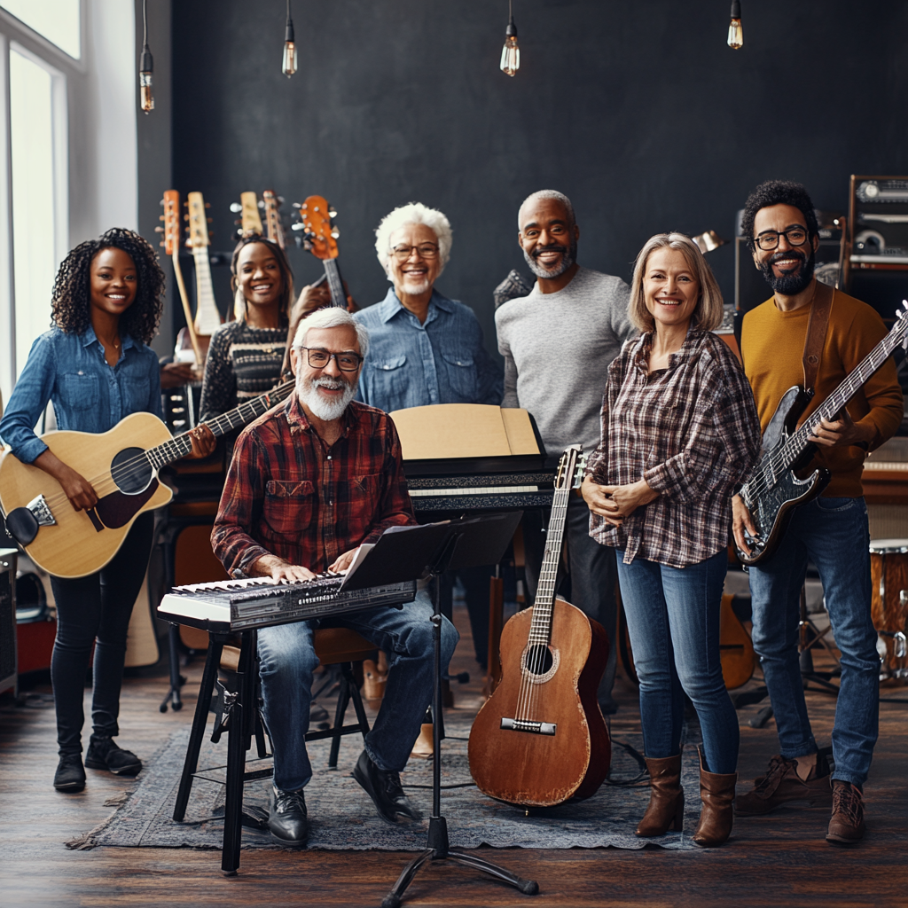 Adult music class in modern studio with instruments, smiling.