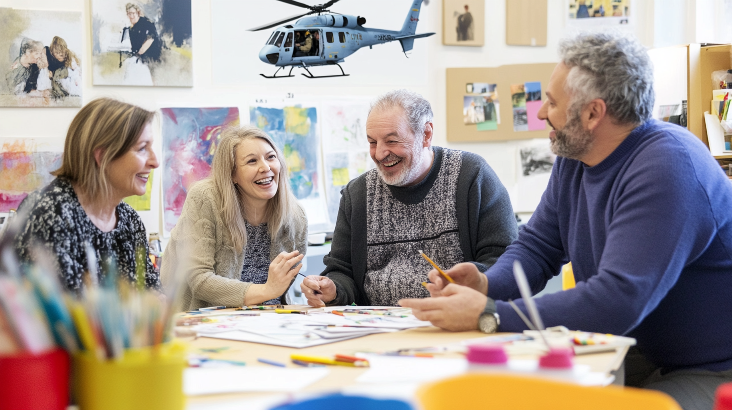 Adults in art room drawing helicopters and smiling.