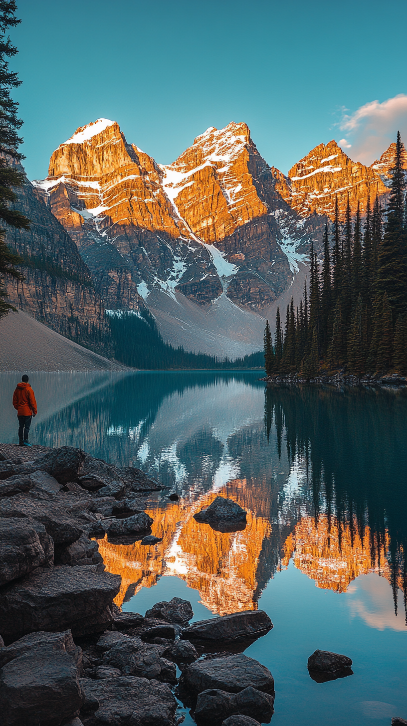 Adventurer admiring mountains reflected in crystal-clear lake. Sky's colors.