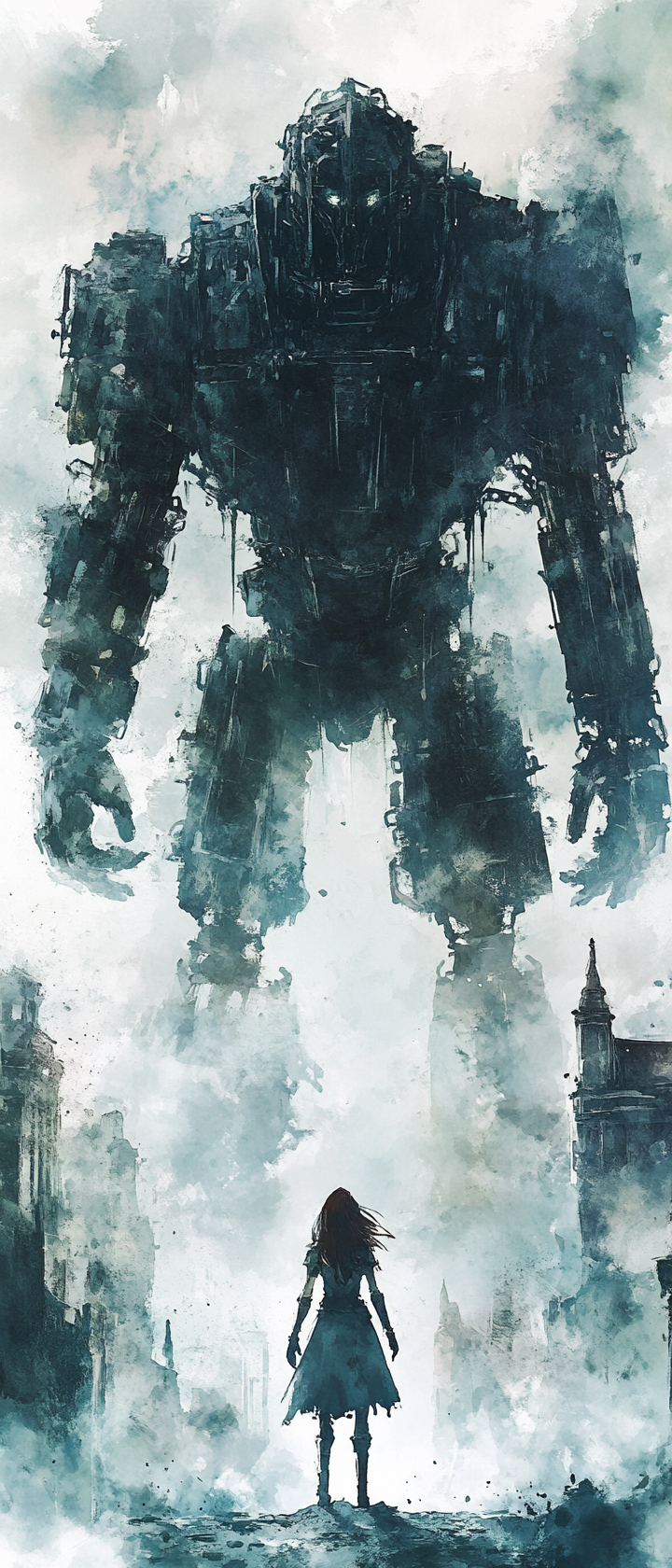 Adventurer and golem in eerie watercolor cityscape setting.