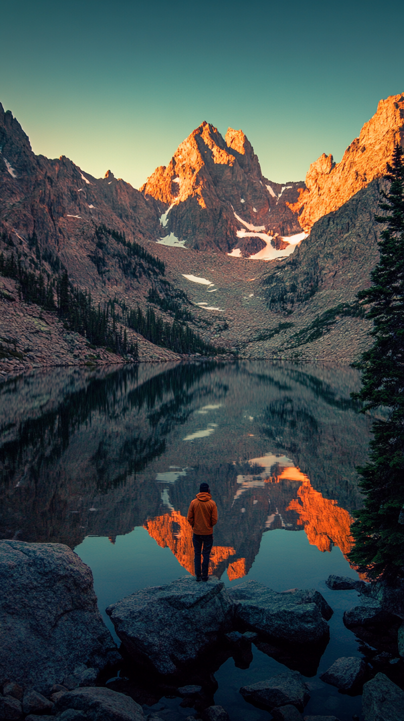 Adventurer gazes at mountain reflection in serene lake.