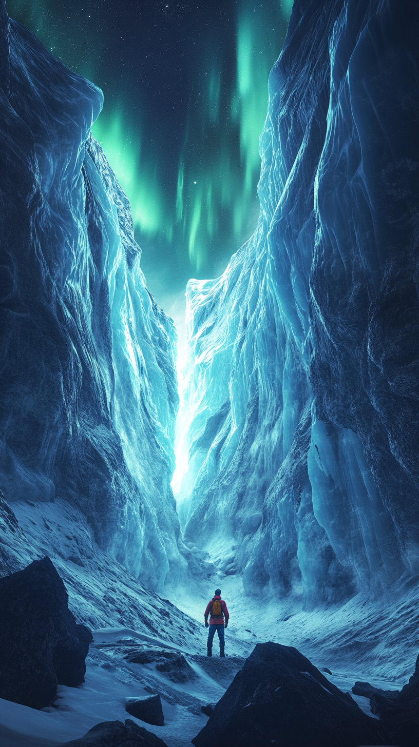 Adventurer in bright jacket on glacier edge at night.