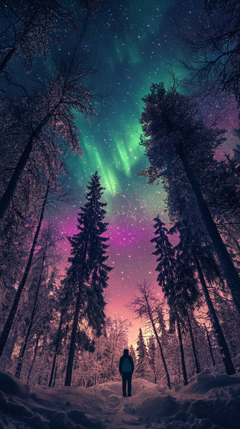 Adventurer in snowy forest admiring shimmering northern lights.