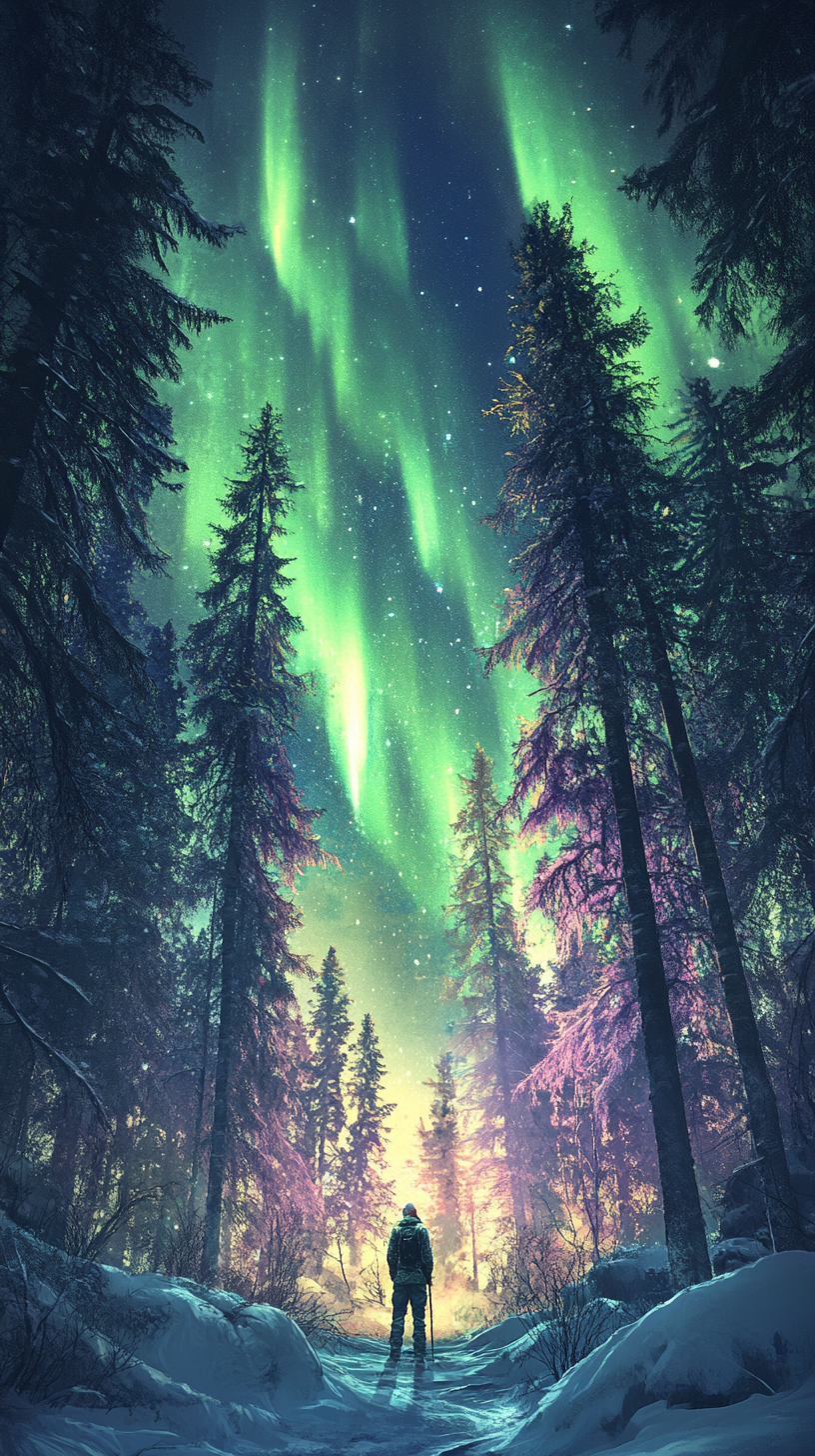 Adventurer mesmerized by vibrant northern lights in snowy forest.