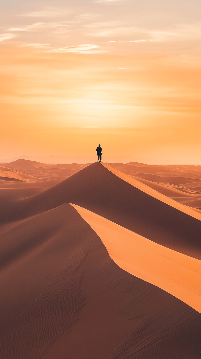 Adventurer on high sand dune at sunset, shadow casting.