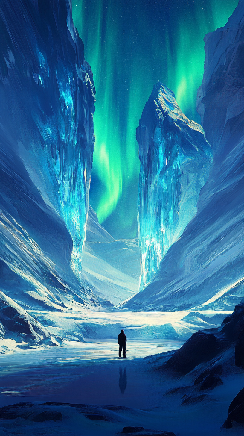 Adventurer on ice floe, northern lights illuminate majestic landscape.