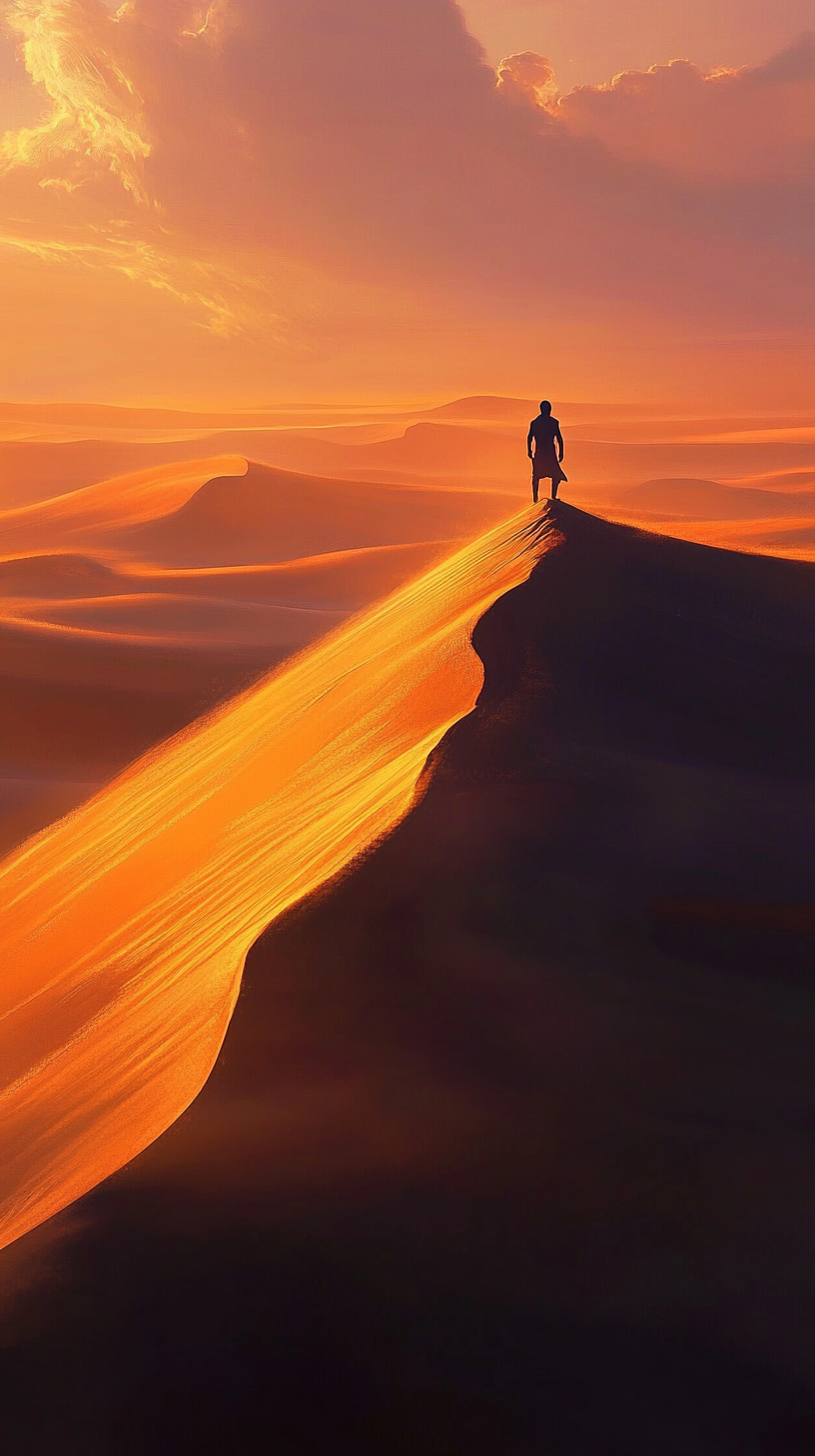 Adventurer on tall dune in golden desert sunset.