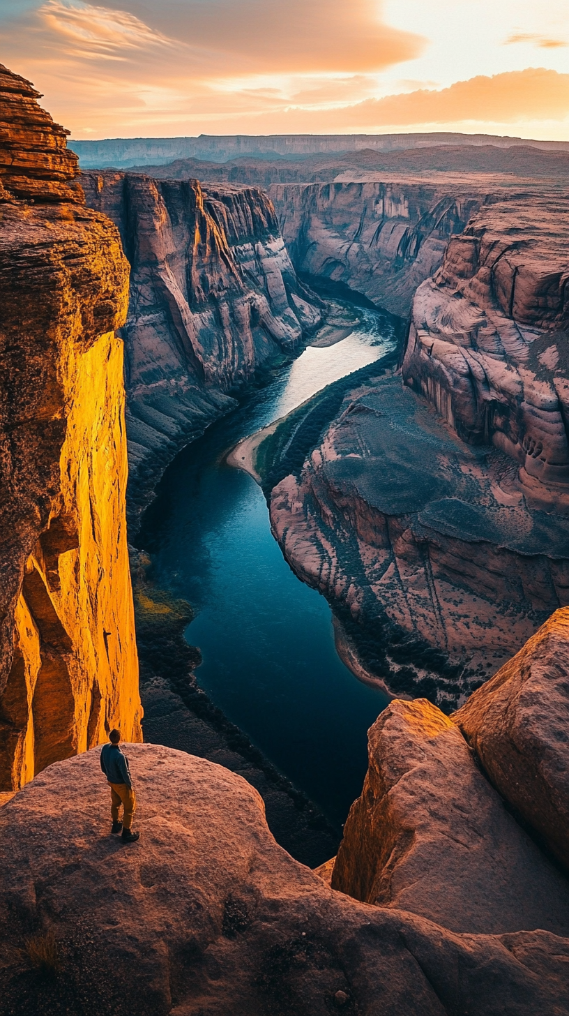 Adventurer overlooking canyon, river under golden sunset light.