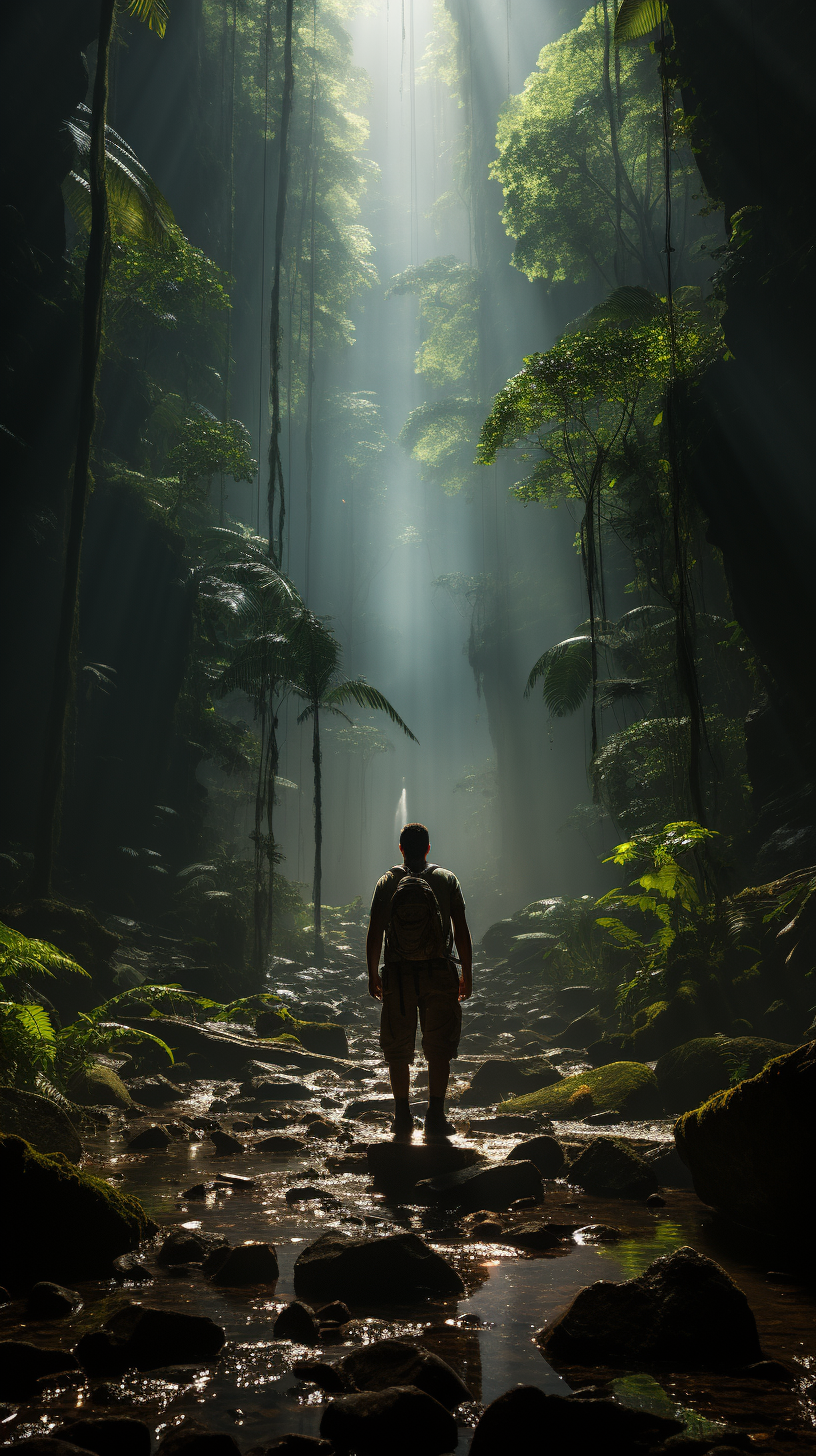 Adventurer overlooking lush rainforest with towering trees and waterfalls.