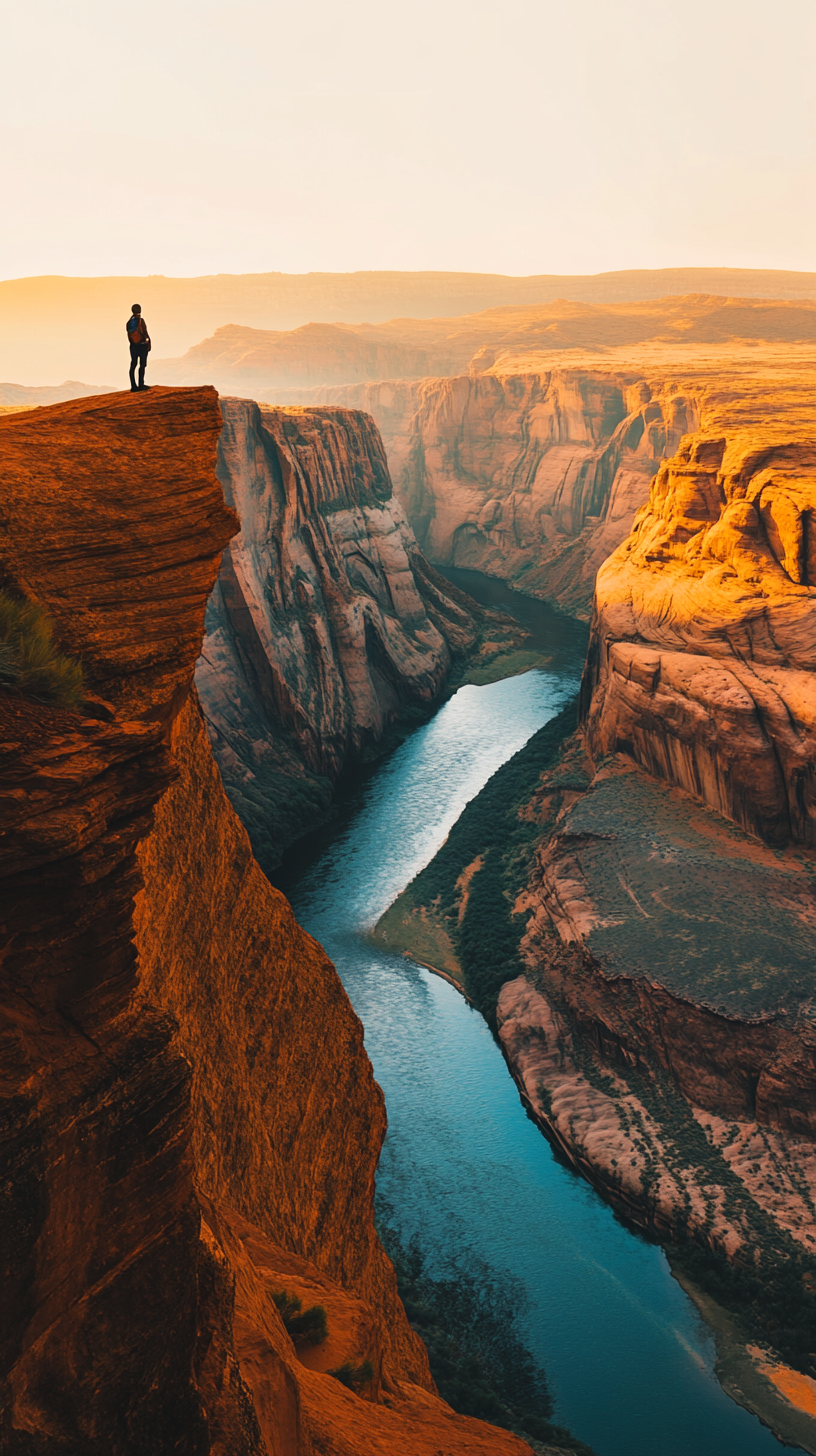 Adventurer standing at edge of stunning canyon, river below.