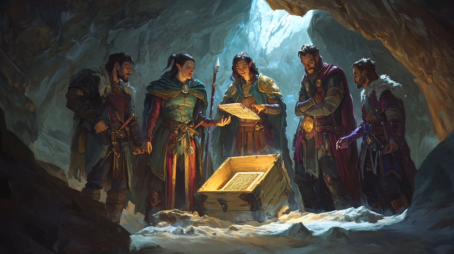 Adventurers in cave with broken chest, wizard holding tablet.