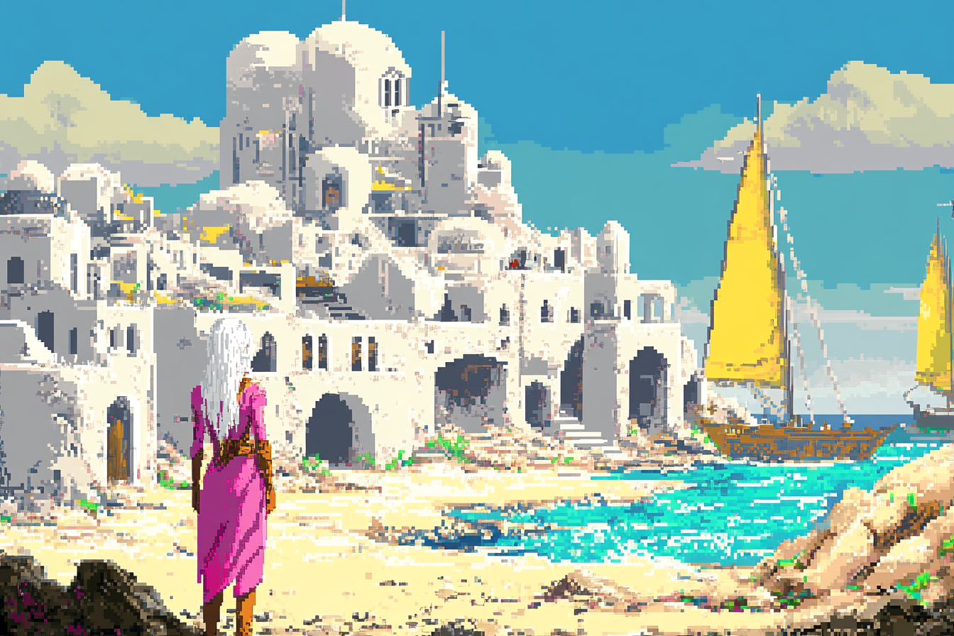 Adventuress in a Retro-futuristic Village Game Scene