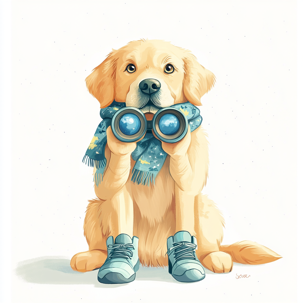 Adventurous retriever dog exploring with binoculars in children's book.