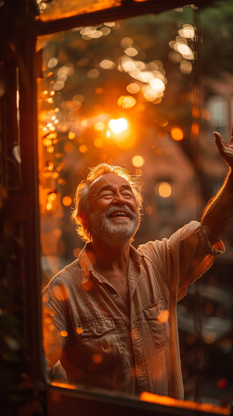 Advertisement featuring excited man, age 52, gray hair.Canon camera, aperture of 5.2.