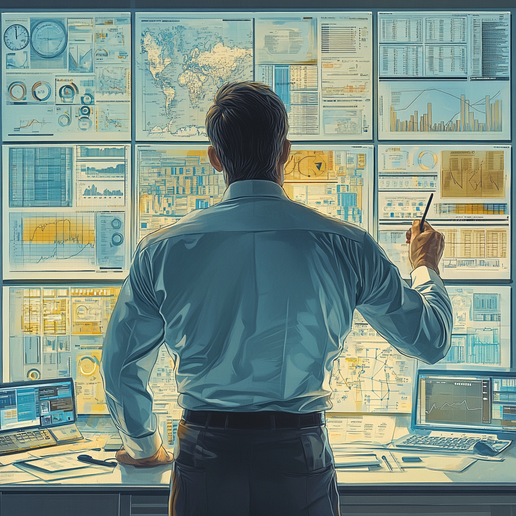 Advisors Analyzing Investor Data: An Engraved Poster