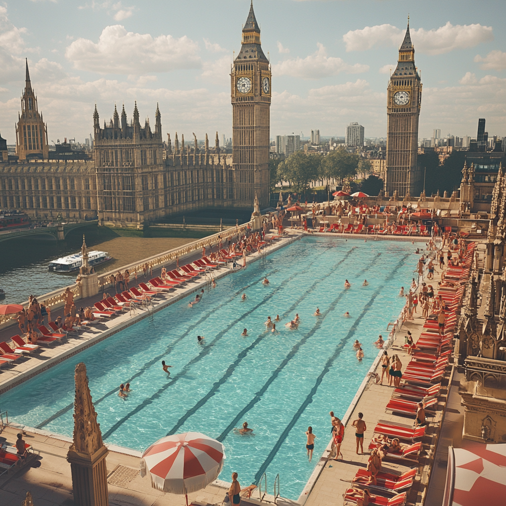 Aerial Party at Big Ben Pool, London UK