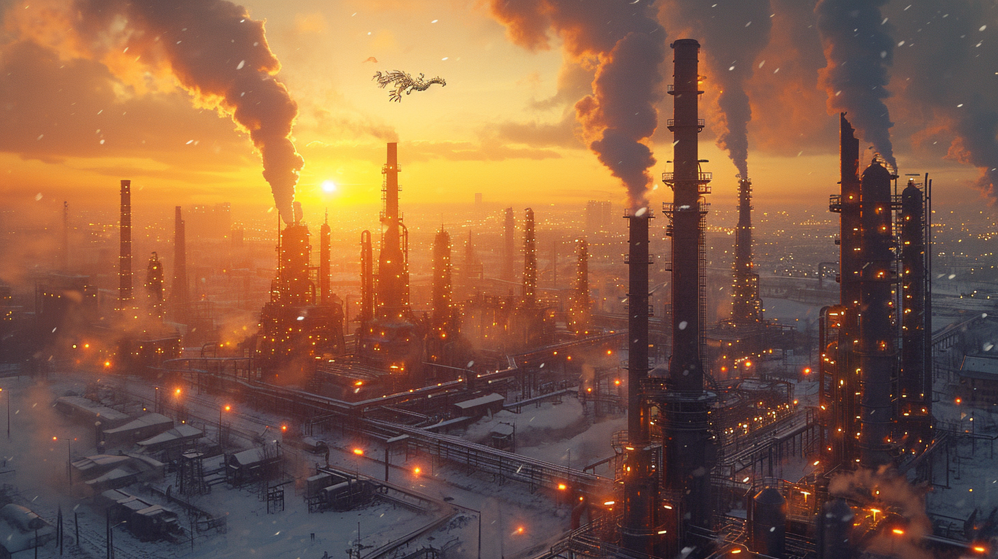 Aerial View of Enormous Chemical Plant on Snowy Sunset with Chinese Dragon