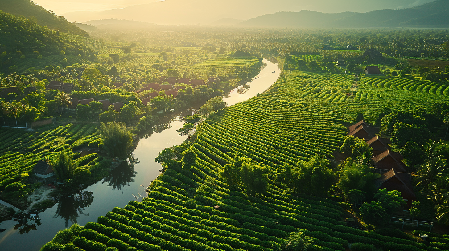 Aerial View of Kampot's Sunlit Pepper Plantations