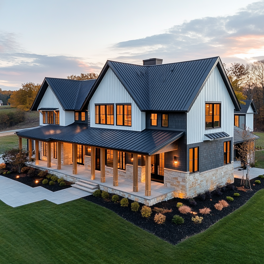 Aerial View of Modern Farmhouse with Mixed Siding