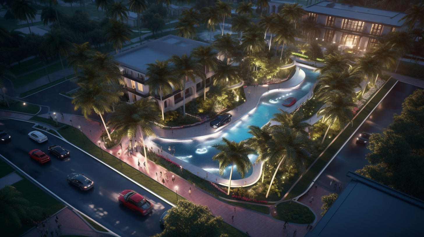 Aerial collage of luxury beachfront villa, car racing, party.