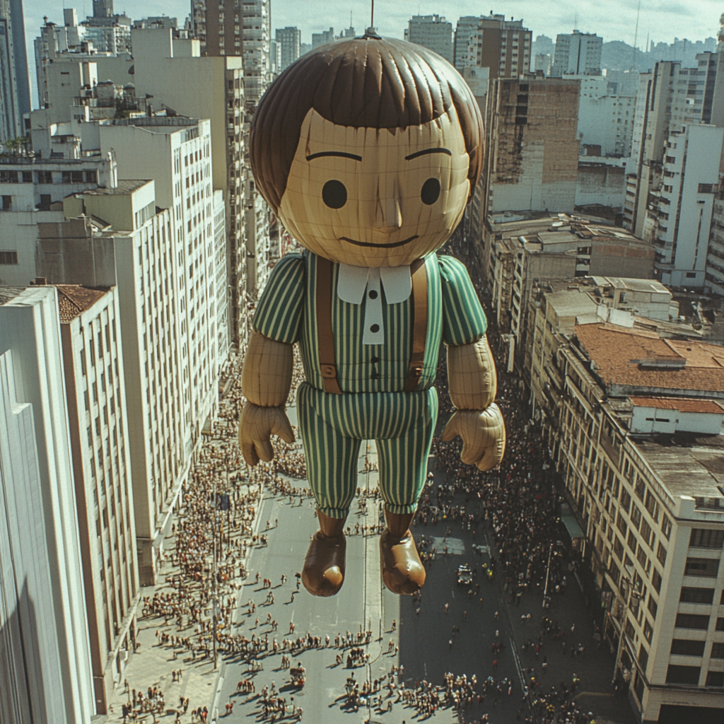 Aerial image of slim wooden doll balloon in parade.