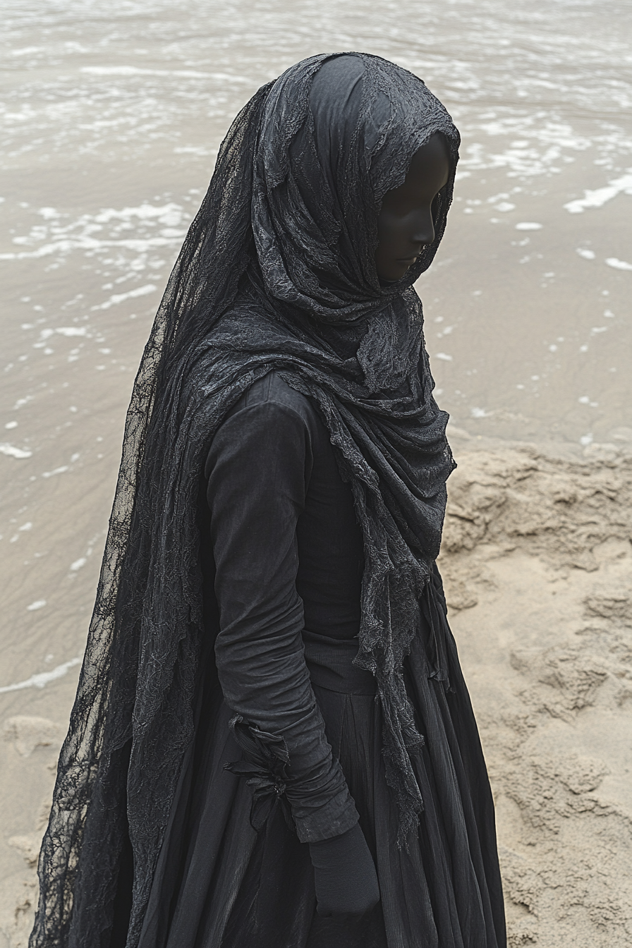 Aerial photo of divine spirit in ornate black dunes.