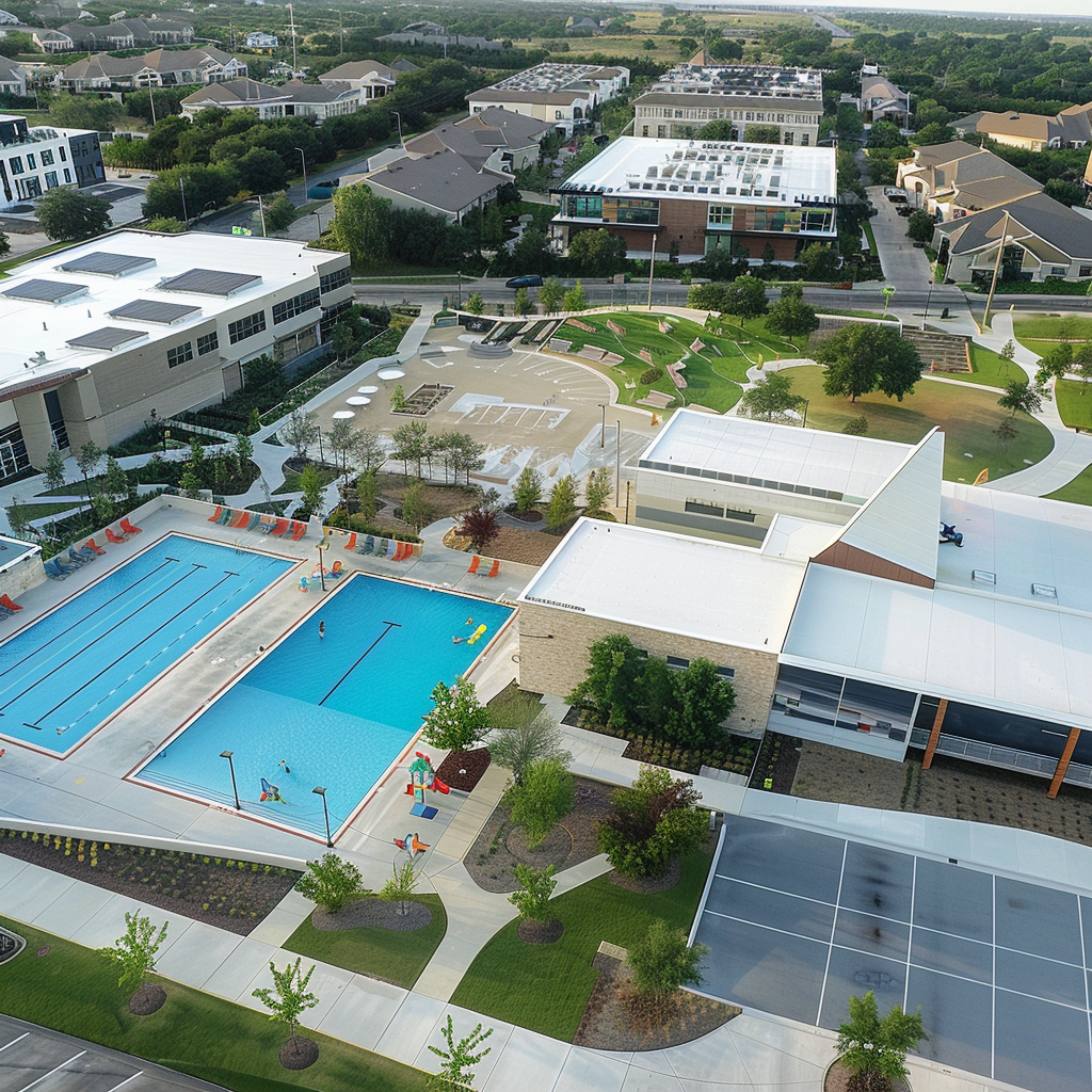 Aerial photo showing main gym, swimming pool, businesses.