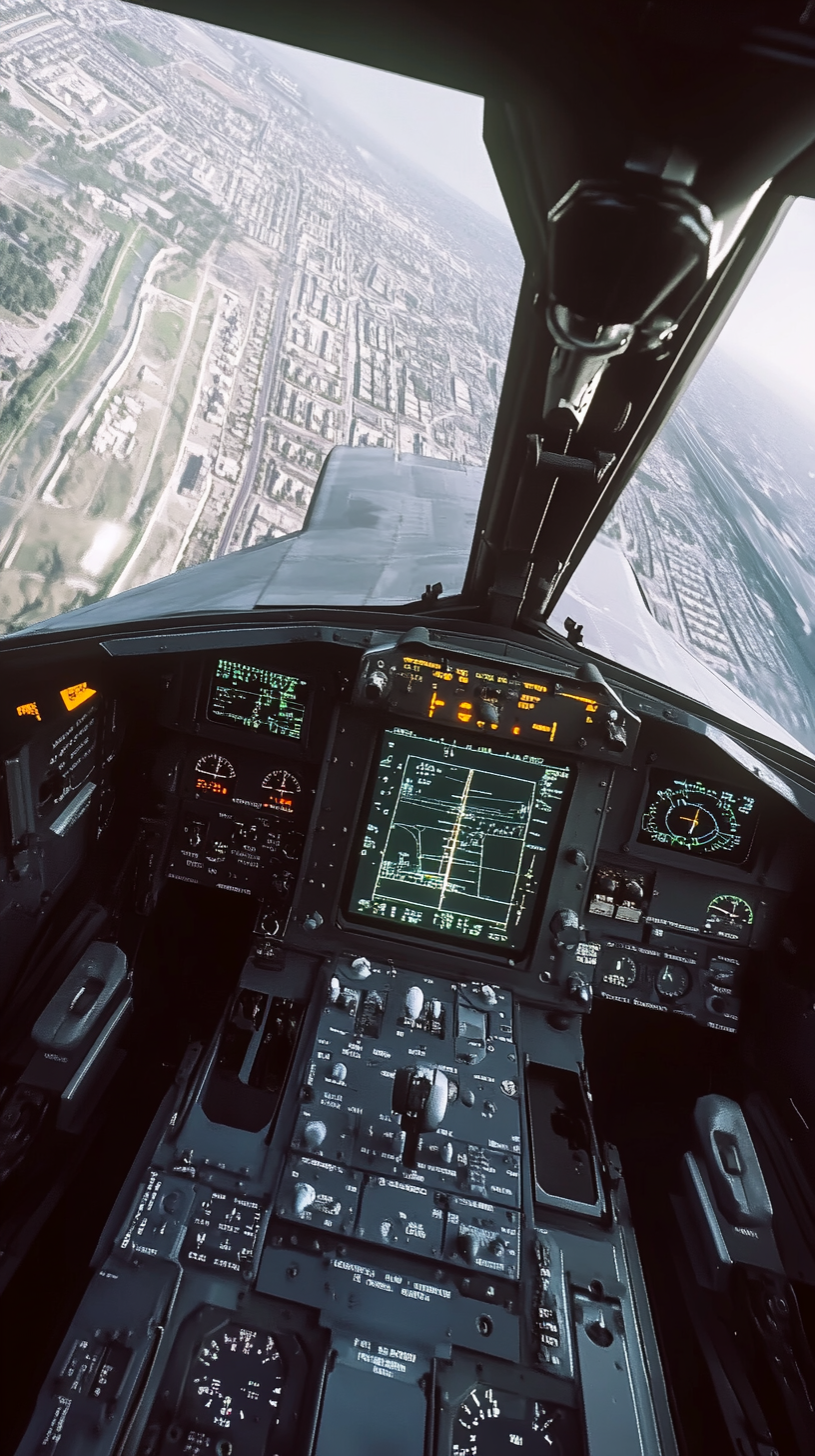 Aerial view from cockpit, tracking enemy F-15s below.