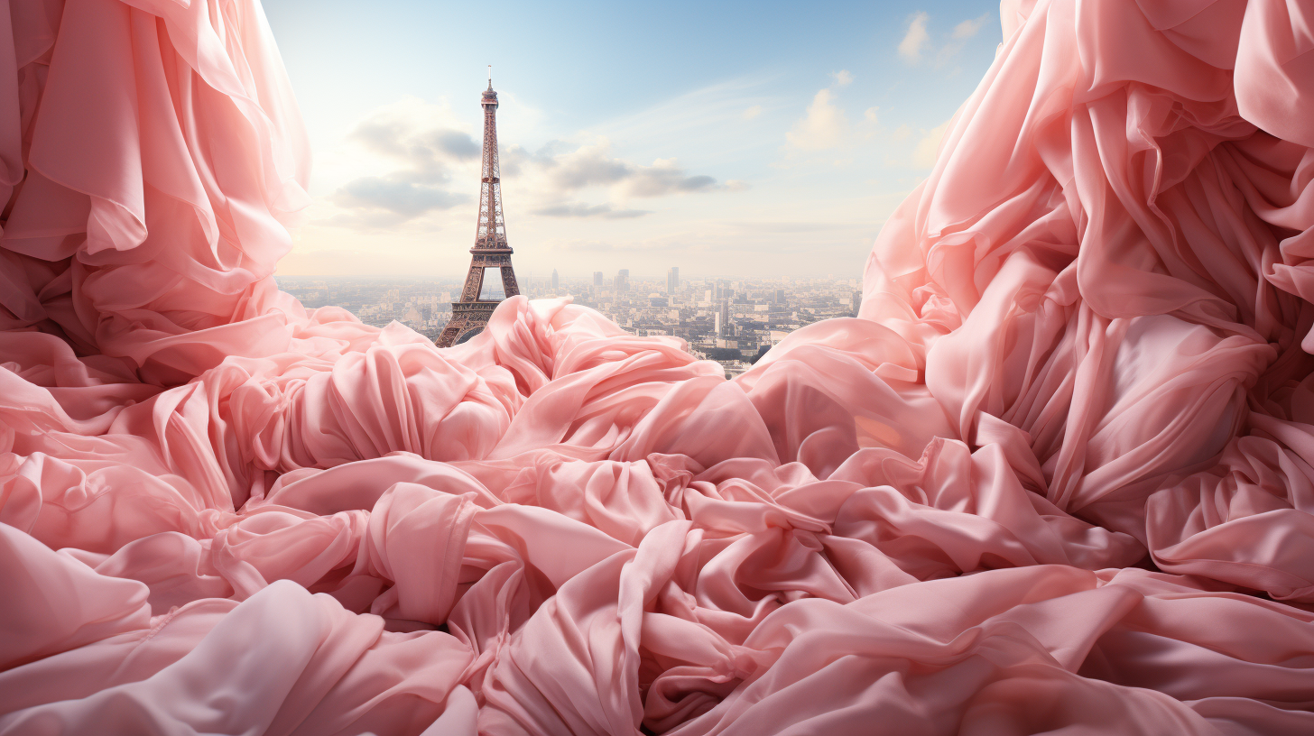 Aerial view of Eiffel Tower wrapped in pink fabric.