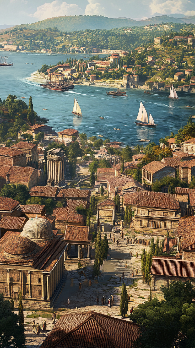 Aerial view of ancient Greek city Byzantium, 4th century.