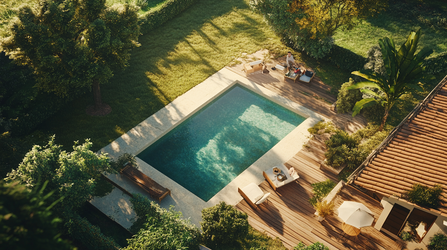 Aerial view of family breakfast by pool in Sicily.