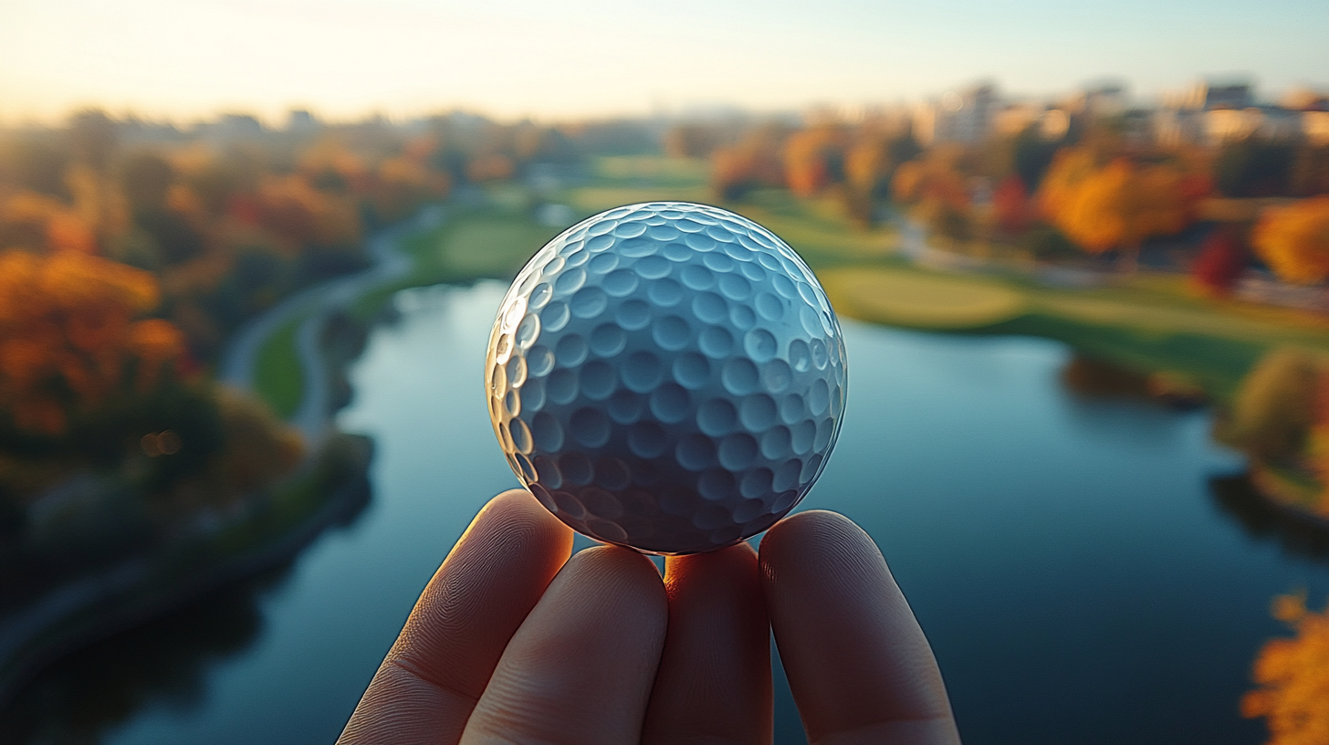 Aerial view of golf ball flying over course.