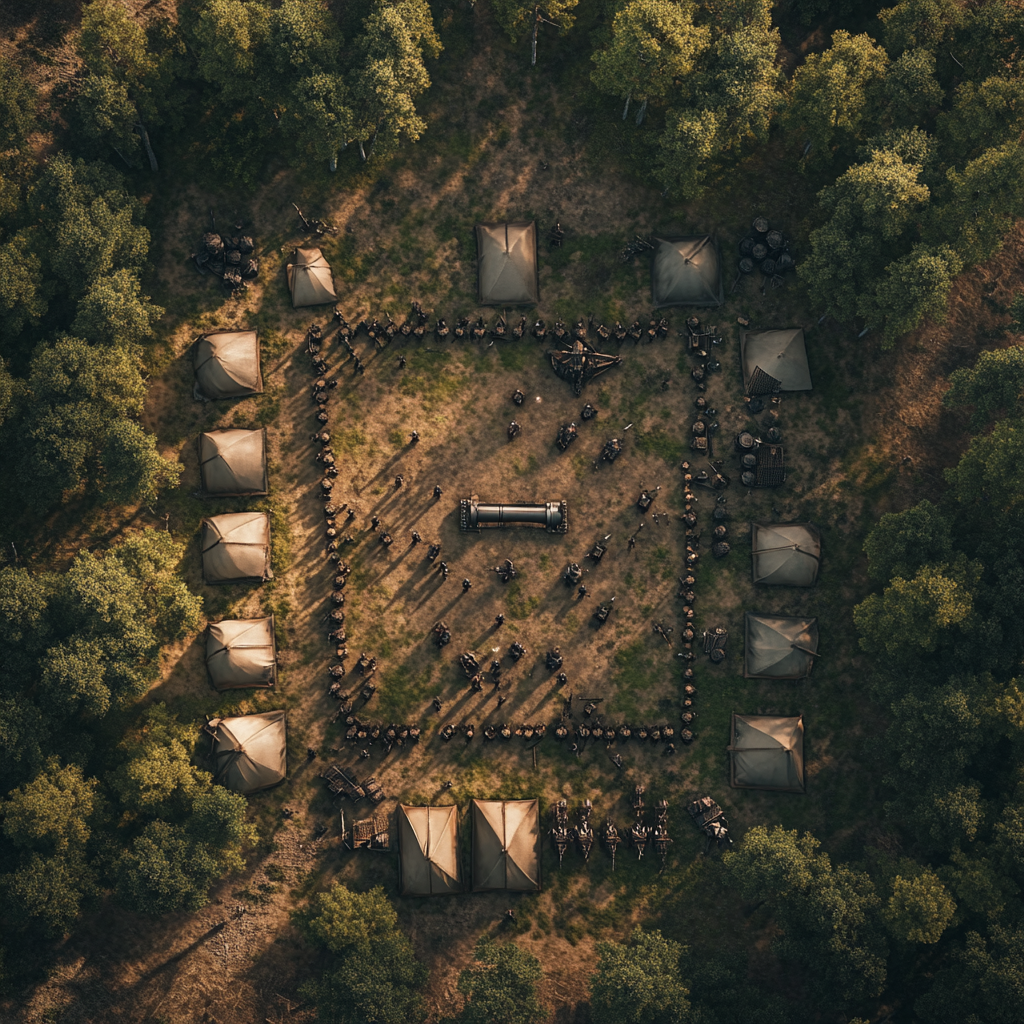 Aerial view of large medieval army camp