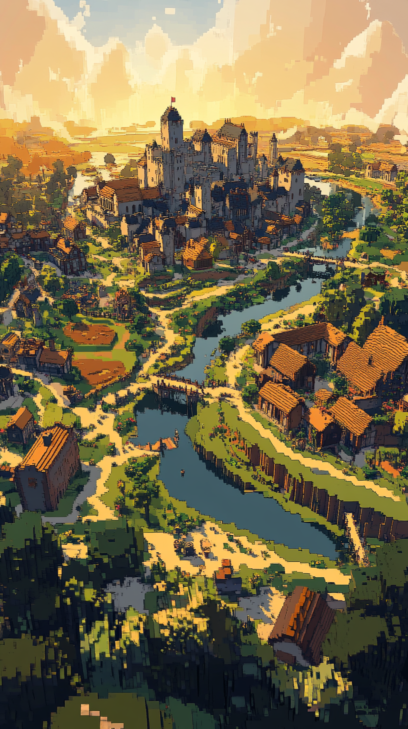 Aerial view of majestic Minecraft kingdom at sunset.