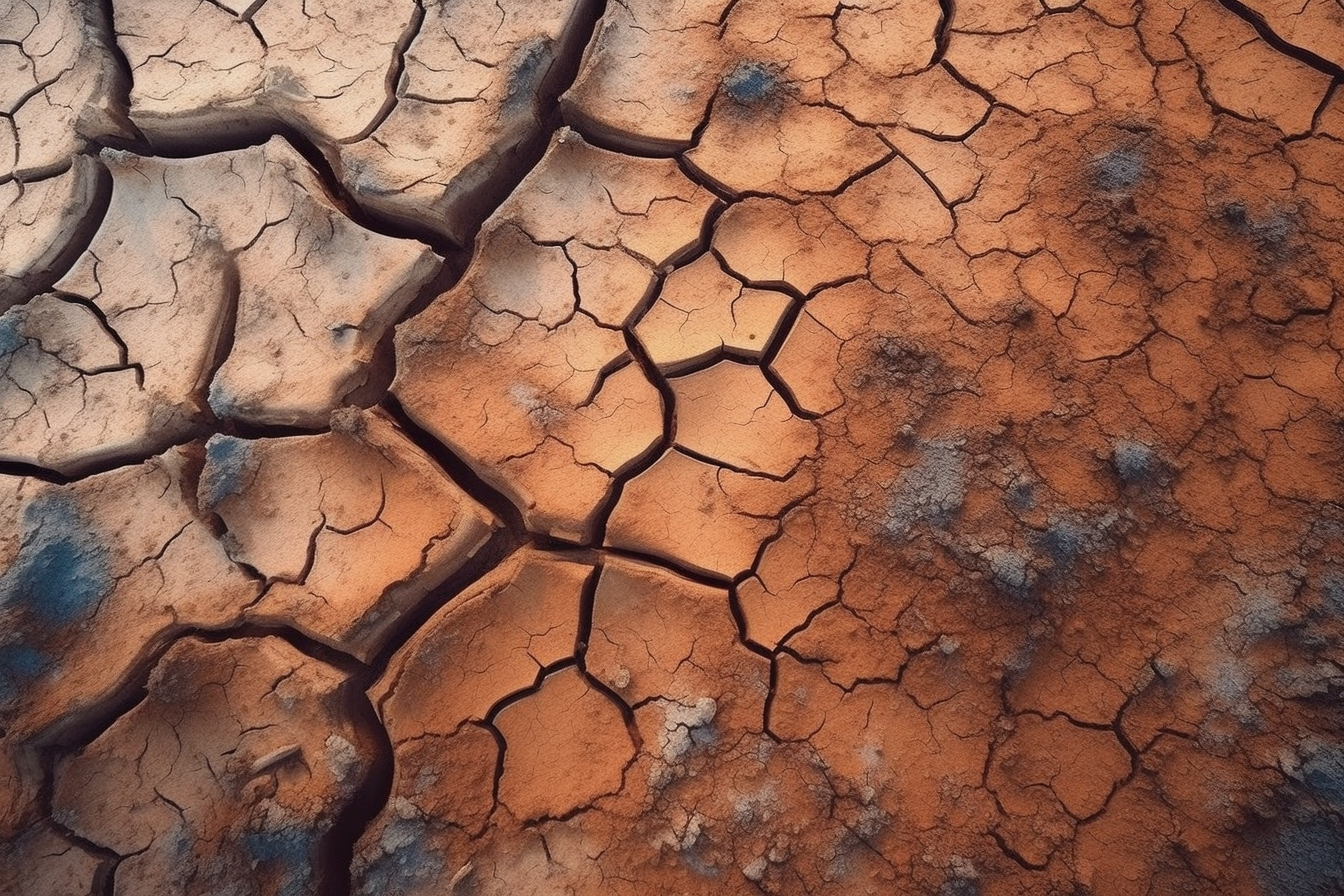 Aerial view of parched riverbed, cracked earth below.