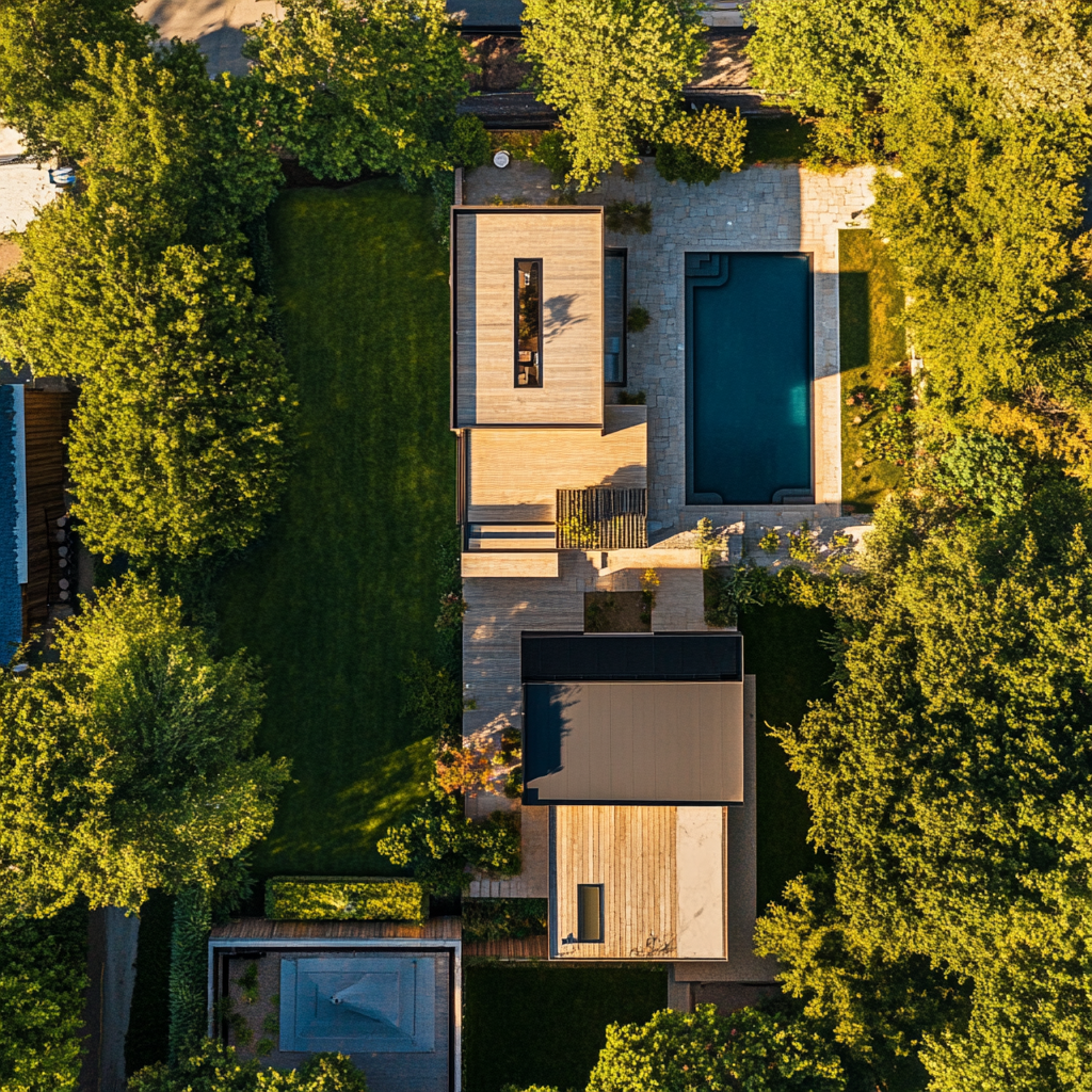 Aerial view of property with main and guest houses.