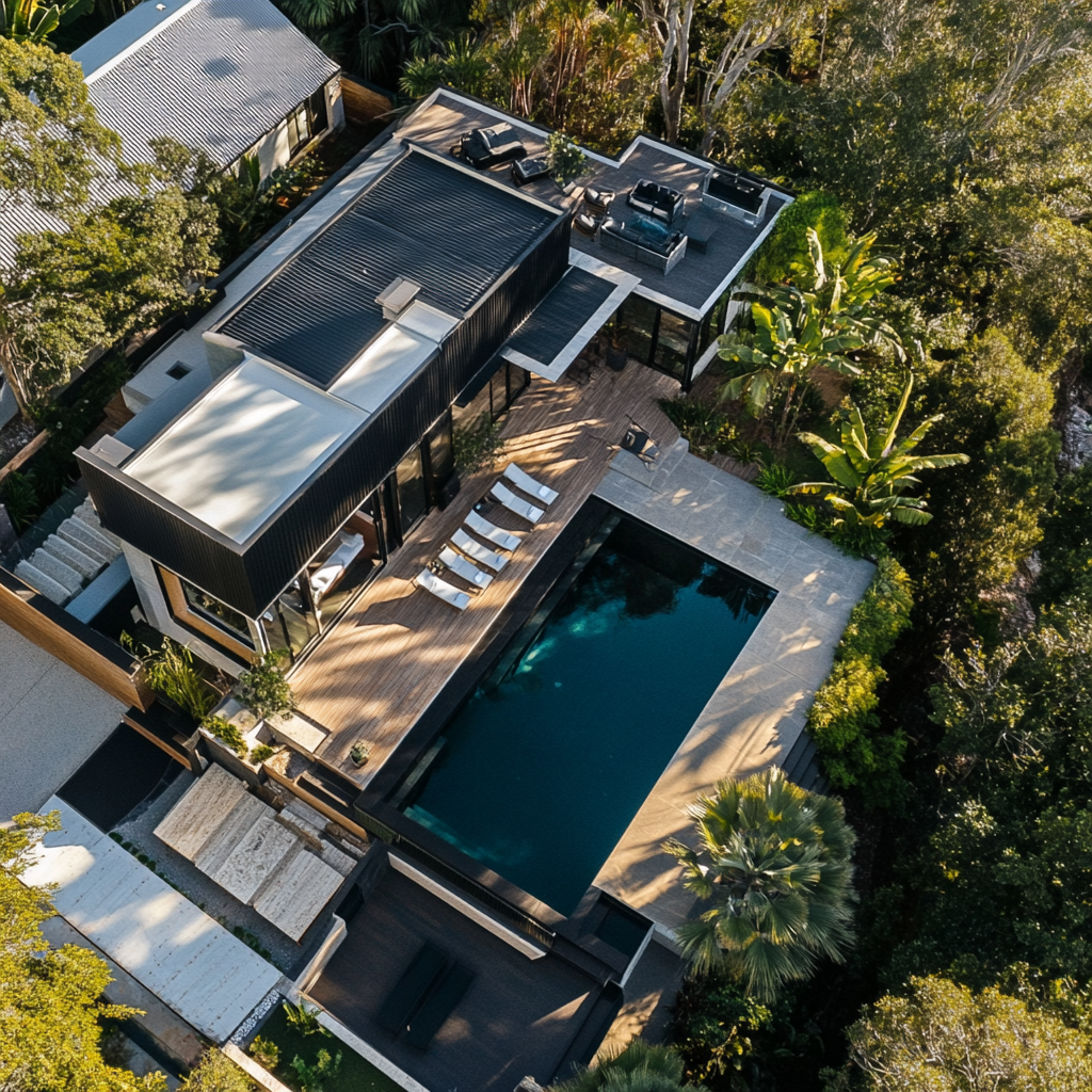 Aerial view of property with modern house, pool, guesthouse.