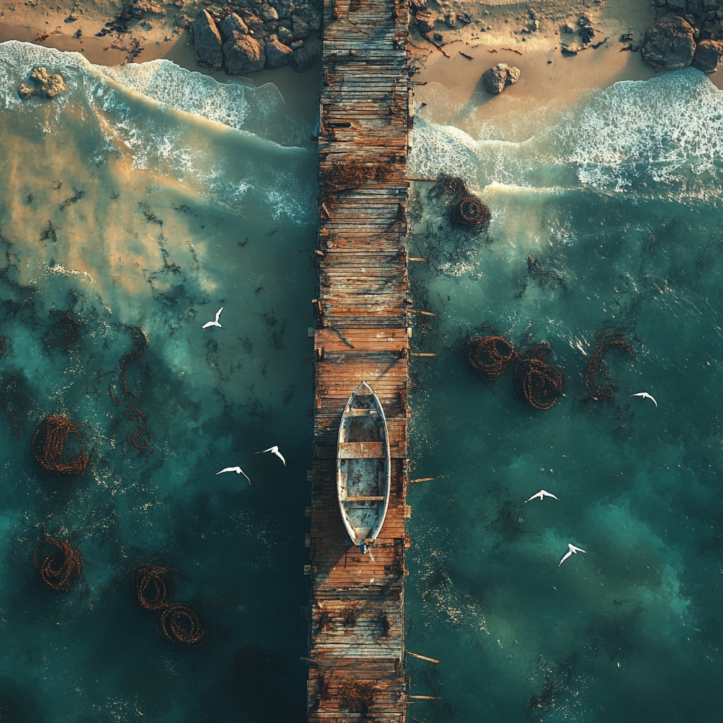 Aerial view of seashore with old boat and seagulls.