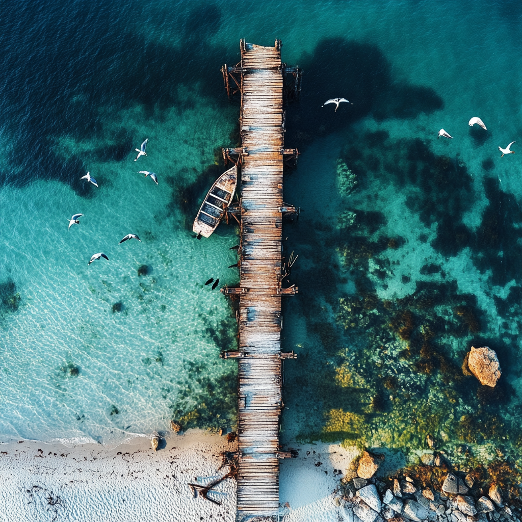 Aerial view of serene seashore and ruined pier.