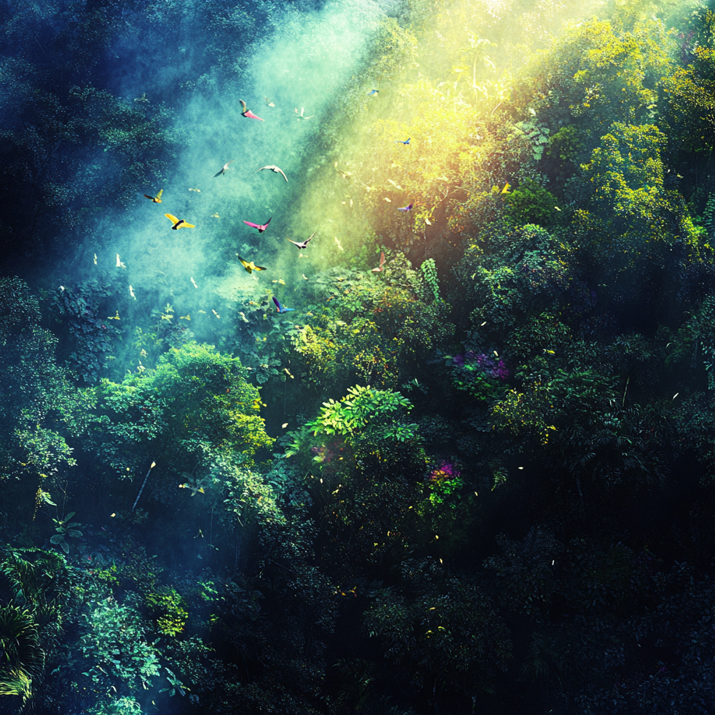 Aerial view of tropical rainforest canopy with birds 