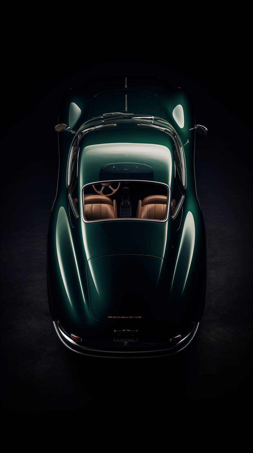 Aerial view of vintage car with metallic green body.