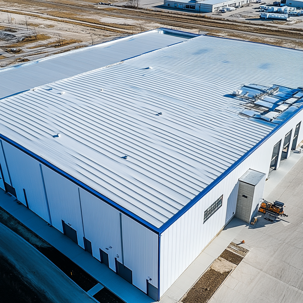 Aerial view of white and blue warehouse roof.