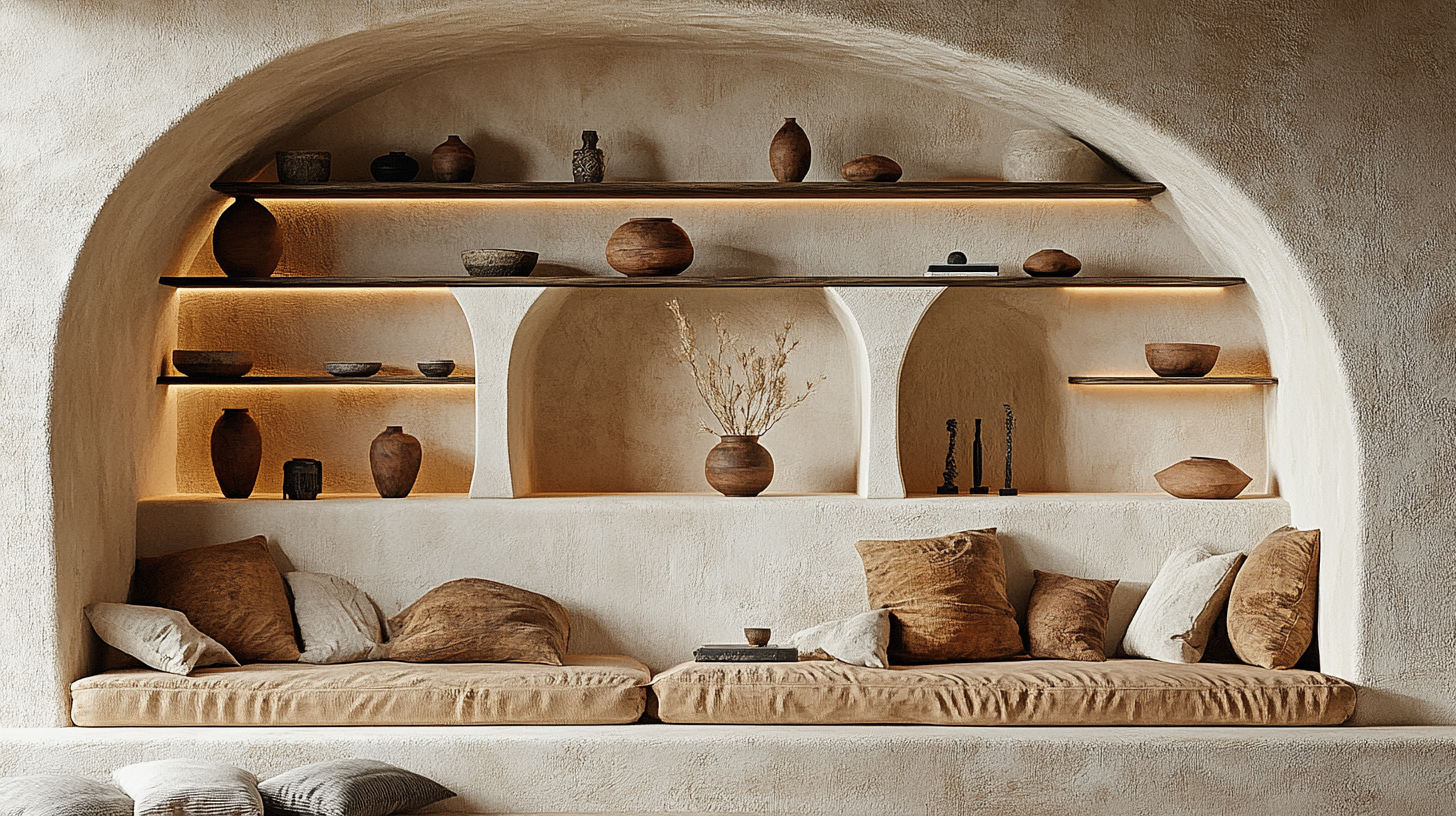 Aesthetic room with shelves, warm tones, soft lighting.