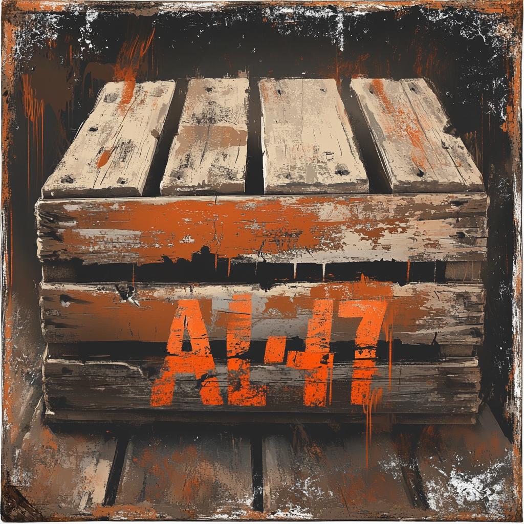 Aesthetic wooden crate design with 'AK-47' stenciled text.