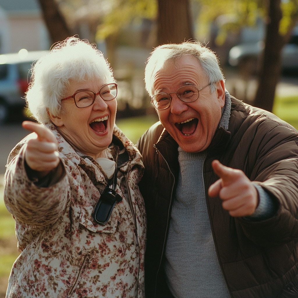 Affluent older couple laugh at young person. Magazine photo.