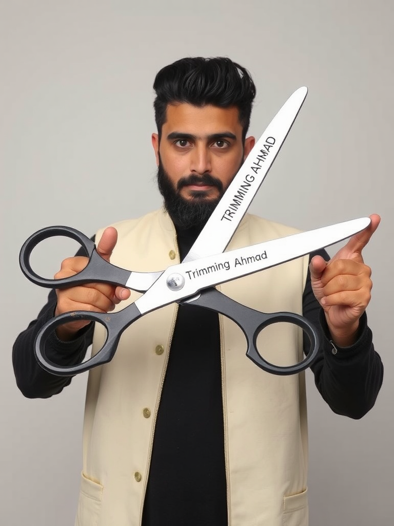 Afghan hairdresser shows 'Trimming Ahmad' with large scissors.