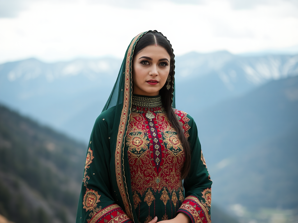 Afghanistani bride in traditional dress, with green eyes, photoshoot.