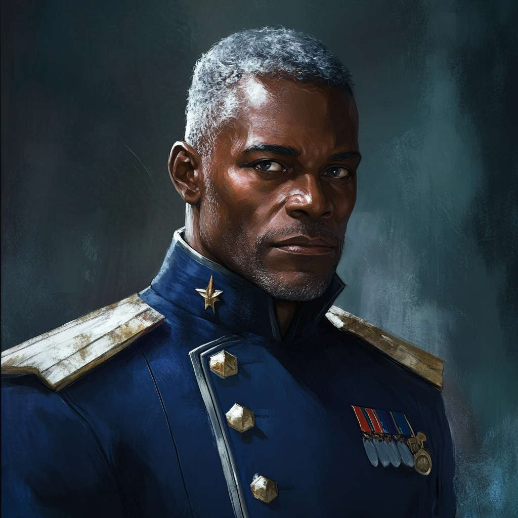 African American Colonel with short silver hair and grey eyes.