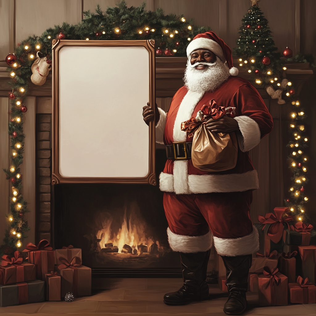 African American Santa with gifts by fireplace